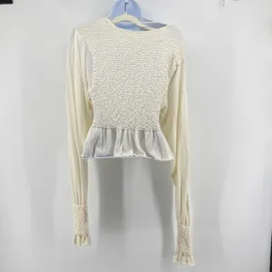 Free People Free Spirit Smocked Crop Top S Ivory Cream Peplum Ruffle Knit Blouse thumbnail 7
