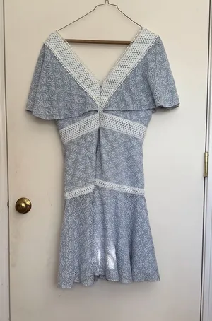 Gianni Bini Light Blue Lace Mini Dress with White Trim, eyelet lace flare dress thumbnail 1