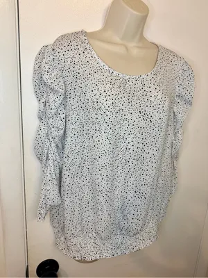 Adrianna Papell Polkadots Print Smocked 3/4 Sleeve Blouse White Black M thumbnail 3