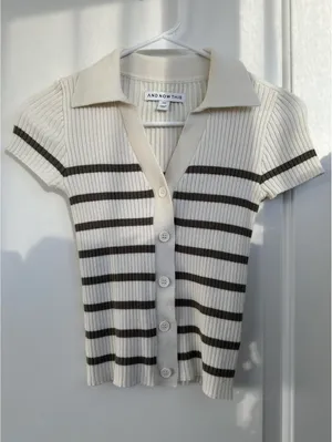 Button Ribbed Polo Short Sleeve Sweater And Now This Green Stripe XXS thumbnail 1