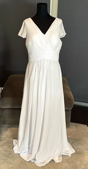 Women’s White Full Length Chiffon Dress Flutter Sleeves Corset Back Size 14 thumbnail 1