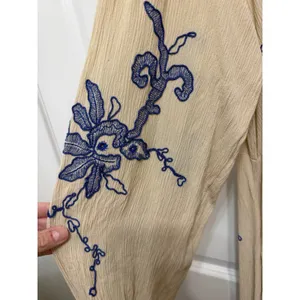 Free People Embroidered Boho Mini Dress Cream Blue Floral V-Neck Peasant Medium thumbnail 4