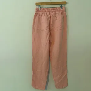 ZARA Linen Blend Smocked Waist Raw Hem Straight Leg Trousers Peach Womens Size M thumbnail 5