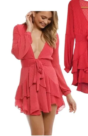 For Love & Lemons Coral Clip Dot Ruffle Mini Dress Deep V-Neck Long Sleeve Small thumbnail 1