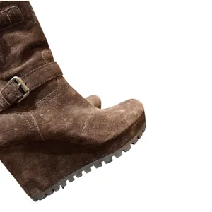 Prada Sport Brown Suede Double‎ Buckle Wedge Lug Sole Mid Calf Moto Boots 37.5 thumbnail 3
