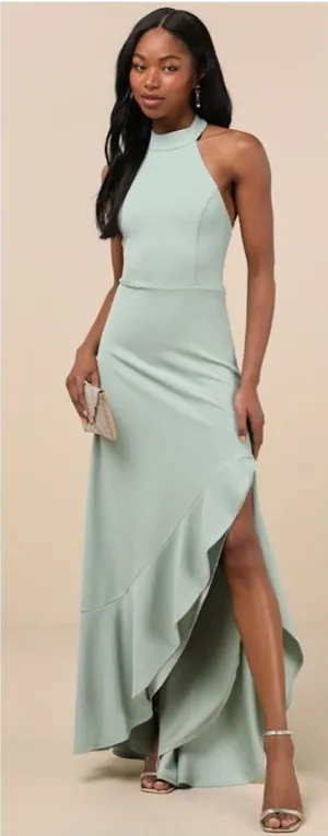 Lulus Majestic Perfection Sage Green Ruffled Halter Maxi Dress Size Medium Gala thumbnail 1