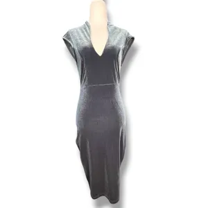 Y2K Windsor Blue Gray Velvet Midi Dress V Neck Bodycon Cocktail Party Holiday thumbnail 11