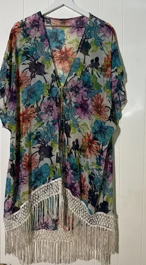 Floral Kimono Cover-Up With Fringe Hem & Tie Closure Multiple Colors M/L thumbnail 1