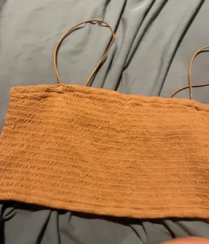 Anthropologie Maeve Smocked Spaghetti Strap Crop Top in Camel thumbnail 1