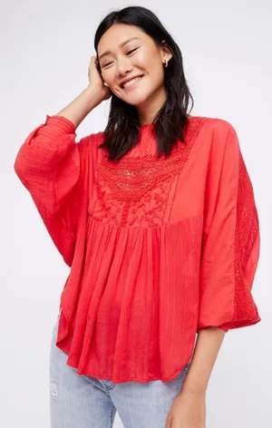 Free People Thinking of You Top Red Floral Lace‎ Trim Long Sleeve Bohemian thumbnail 1