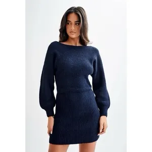MESHKI Rafferty Navy Blue Knit Mini Sweater Dress XS NWT Boat Neck Puff Sleeve thumbnail 2