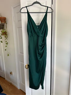 NWT Abercrombie & Fitch Satin Draped Wrap Midi Dress Emerald Green Small Petite thumbnail 5