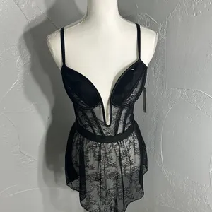Roma Black Sheer Lace Babydoll Chemise with Plunge Cups thumbnail 6