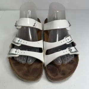 Birkenstock Birki's 39 L8 Sandals Florida Birko-Flor White Patent Triple Strap Slide Germany thumbnail 5