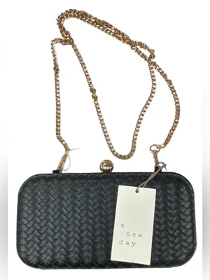 A New Day Black Woven Clutch Crossbody Bag Gold Chain Evening Purse Wedding thumbnail 2