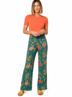 O’Neill Teal Floral Wide Leg Pants Smocked Waist Boho Resort Coastal Small Beach thumbnail 4