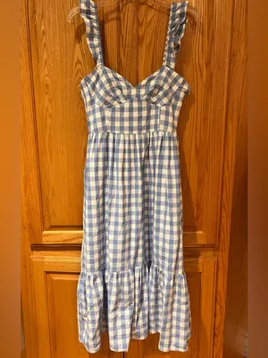 English Factory Sweetheart Neck Ruffle Gingham Midi Dress Blue White Size Medium thumbnail 4