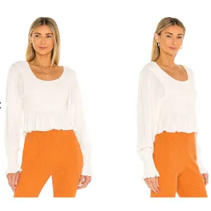 Free People Free Spirit Smocked Crop Top S Ivory Cream Peplum Ruffle Knit Blouse thumbnail 2