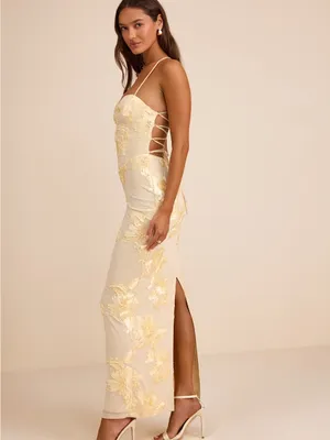 Lulu's Nantessa Light Yellow Floral Applique Lace-Up Maxi Dress thumbnail 4