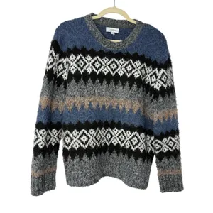 Evereve Fair Isle Fuzzy Knit Sweater Blue Gray Black Nordic Cozy Winter M thumbnail 2