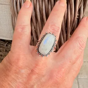 Rainbow Moonstone 925 Silver Overlay Ring Size 9 thumbnail 1