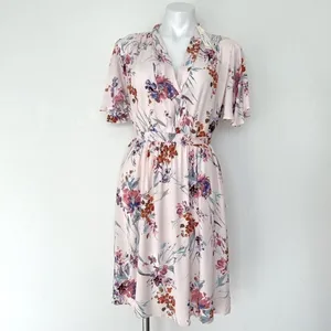 NEW Lovestitch floral midi dress SMALL short flutter sleeves Pockets pink thumbnail 5