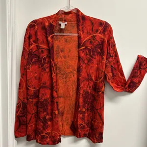 Chico's Vibrant Abstract Orange Linen Blend Open Cardigan thumbnail 1