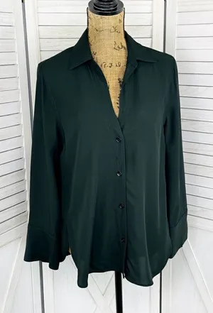 Zara V Neck Button Front Shirt Blouse‎ Dark Green Small Long Sleeve thumbnail 1