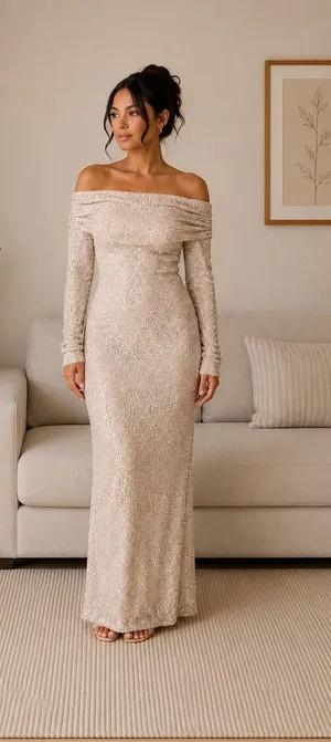 SHEIN Nude Champagne Sequin Off Shoulder Maxi Dress | Long Sleeve Formal Gown | Size L thumbnail 1