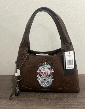 Chocolate Brown Embossed Shoulder Bag with Skull Patch by Ed Hardy thumbnail 1