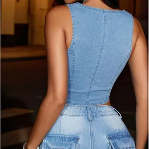 NWT WDIRARA Women’s Sequin‎ Denim Hook Eye Crop Top XS thumbnail 3