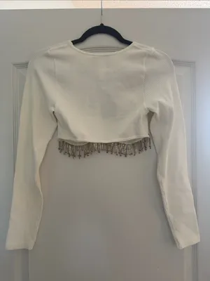 Sincerely Jules Ivory Ribbed Cropped Top with Silver Beaded Fringe thumbnail 3