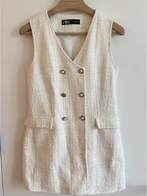 Zara Tweed Double Breasted Mini Dress Ivory Pearl Buttons Size M thumbnail 1