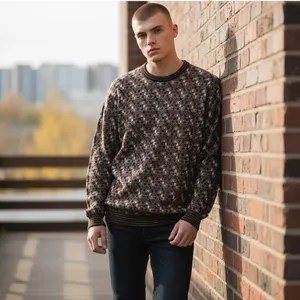 Norm Thompson Mens Geometric Knit Crewneck Sweater Brown Tan Burgundy XL 6244 thumbnail 2