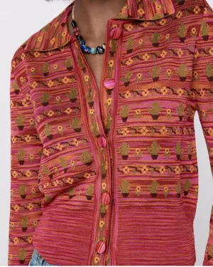 Zara Cactus Flower Polo Cardigan Sweater Pink Yellow Green Button Front S Desert thumbnail 3