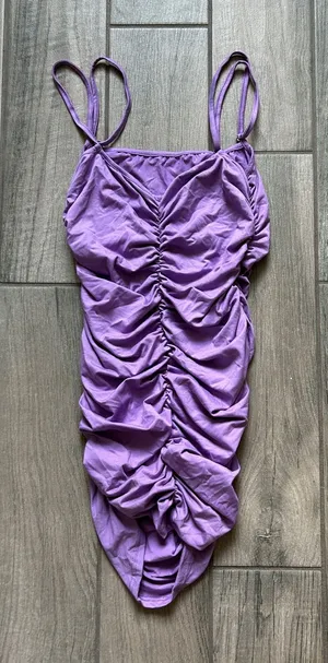 Ruched Purple Mini Dress with Spaghetti Straps Size M thumbnail 1