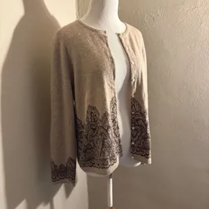 100% Cashmere Charter Club Lace Print Cardigan Sweater XL Tan Button Front Knit thumbnail 3