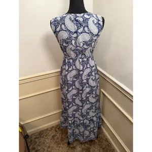 LA PLAGE Emily Cotton Printed Tassel Pocket Maxi Dress Blue White Boho Paisley thumbnail 6