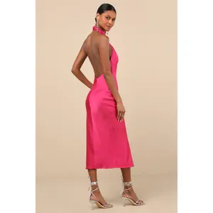 NWT Lulus Beyond Classy Pink Satin Halter Midi Dress Holiday Party Backless Sz L thumbnail 3