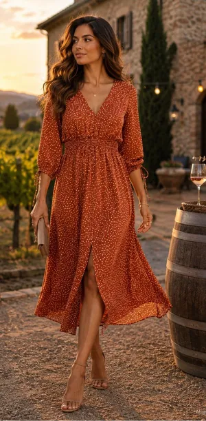 Taylor Rust Polka Dot Midi Dress Size 16 V-Neck Smocked Boho Chic thumbnail 1
