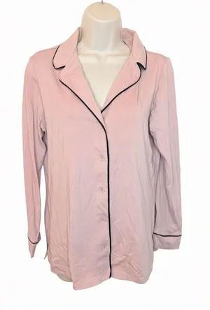 Soma Pink Knit Pajama Top Small Long Sleeve Button Up Black Piping thumbnail 1