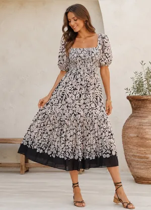 by Anthropologie Small Floral Smocked Puff Sleeve Midi Dress Boho Black thumbnail 1