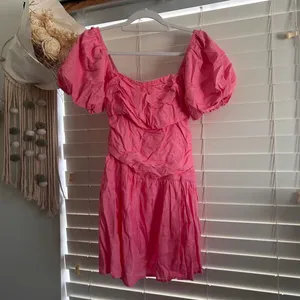 Hello molly pink linen blend puff sleeve mini dress size M milkmaid cottagecore thumbnail 2