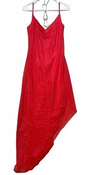 Morgan and Co Linda Bernell Vintage Red Glitter Asymmetrical Mesh Dress No Size thumbnail 1