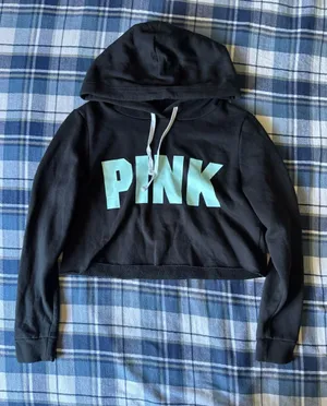 PINK Victoria's Secret Black Cropped Hoodie with Mint Logo thumbnail 1