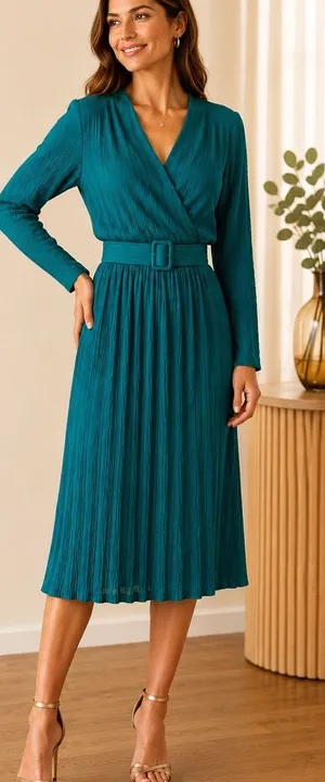 Vintage Pellini Petites Teal Crinkle Belted‎ Dress 3/4 Petite thumbnail 1