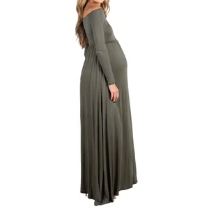 PinkBlush Solid Off Shoulder Maternity Maxi Dress in Olive Green, Size L thumbnail 2