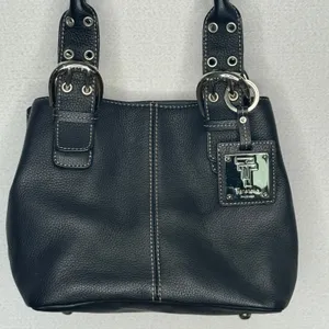 Tignanello Black Genuine Leather Satchel Handbag Buckle Top Handle Y2K thumbnail 2