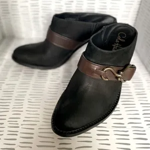 Cole Haan Womens Black LeatherNuBuck Buckle Mule Heeled Booties‎ Size 8B thumbnail 1