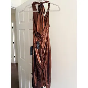 Lulus Lionette Dark Bronze Metallic Twist-Front Halter Midi Dress Size M thumbnail 5